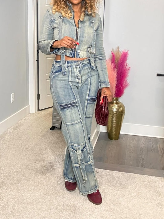 Long Sleeve Crop Jean Jackets Cargo Pants With Pockets Set