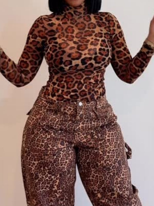Leopard Print Slim Fit Mesh Top