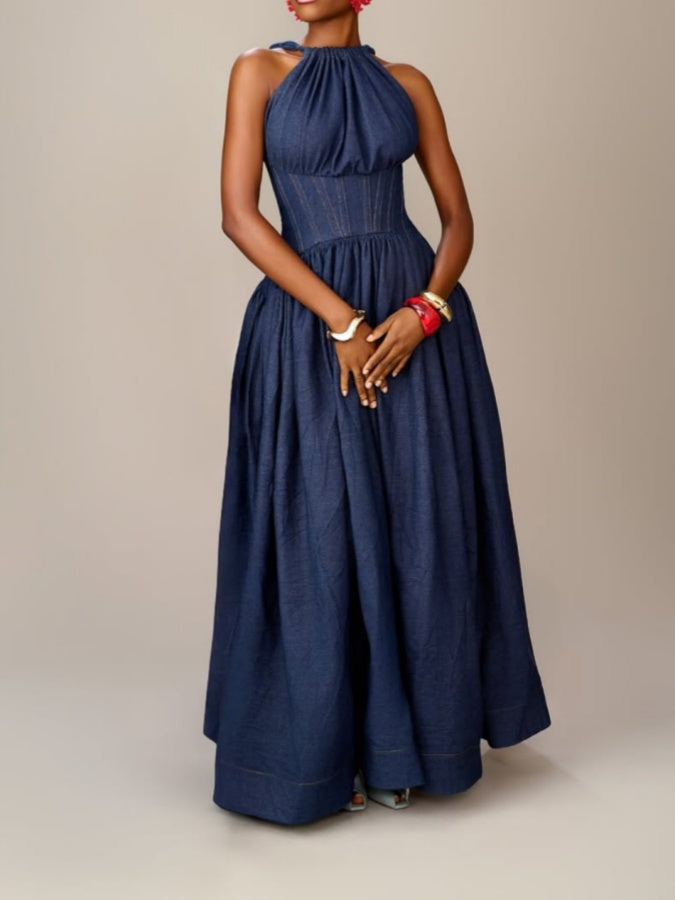 Sleeveless Halter-neck Denim Maxi Dress