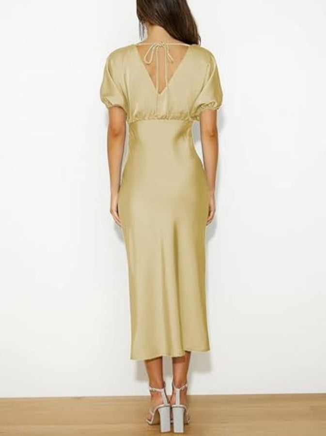 V Neck Puffy Sleeve Satin Silk Midi Dress