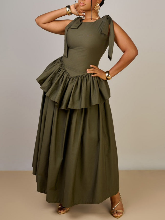 Bow-knot Sleeveless Fitted Waist Ruffle Dress