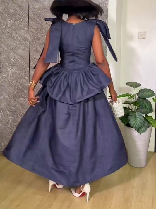 Bow-knot Sleeveless Fitted Waist Ruffle Dress