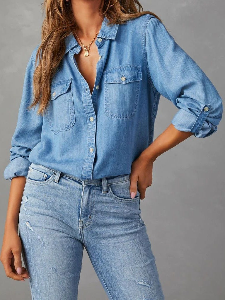 Casual Collared Long-sleeved Denim Shirt