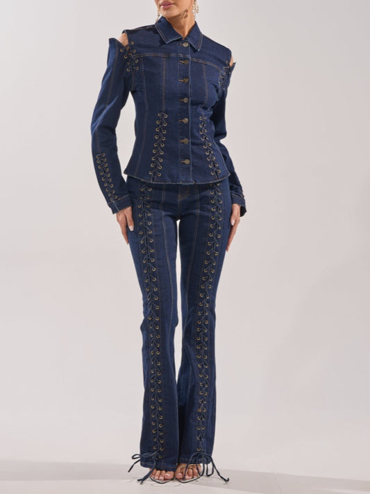 Hollow-out Lace-up Denim Two Pieces Set