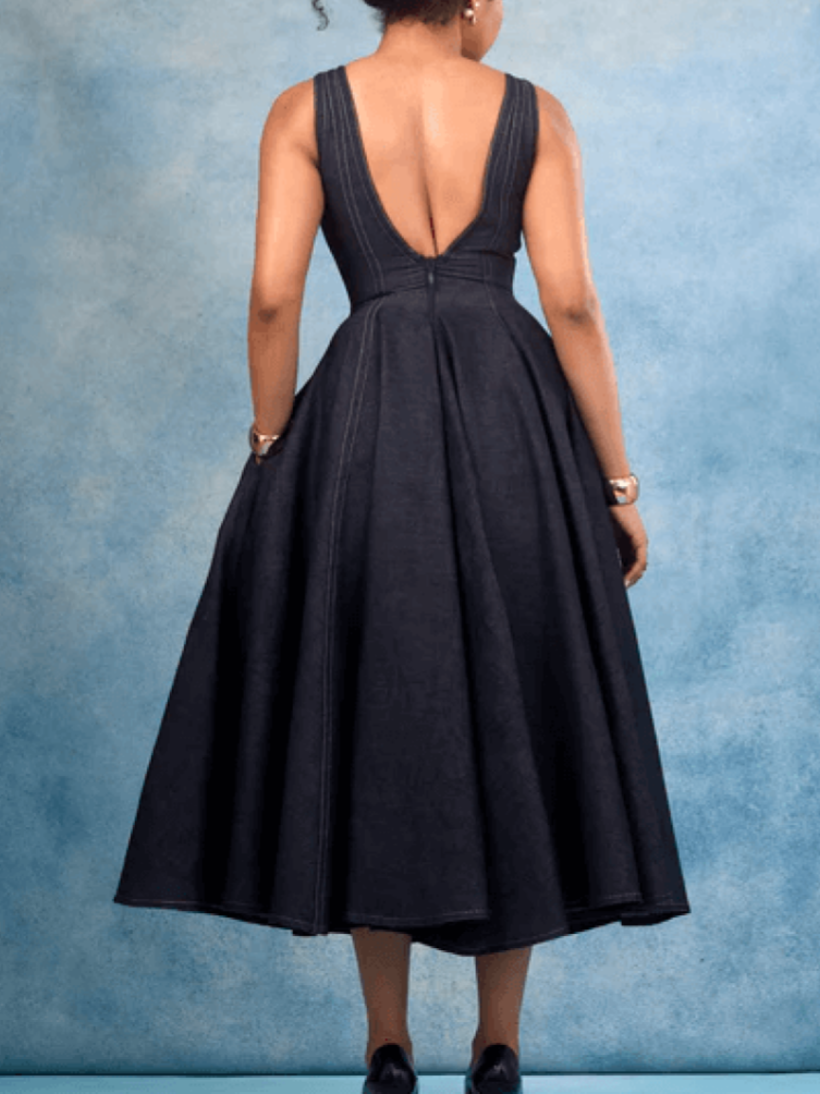 Elegant Sleeveless Fitted A-line Denim Midi Dress
