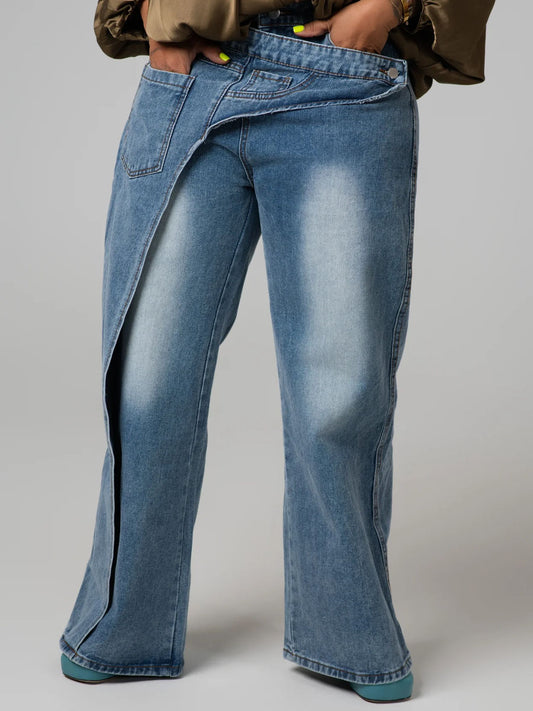 Criss-cross Front Waistband Denim Straight Pants
