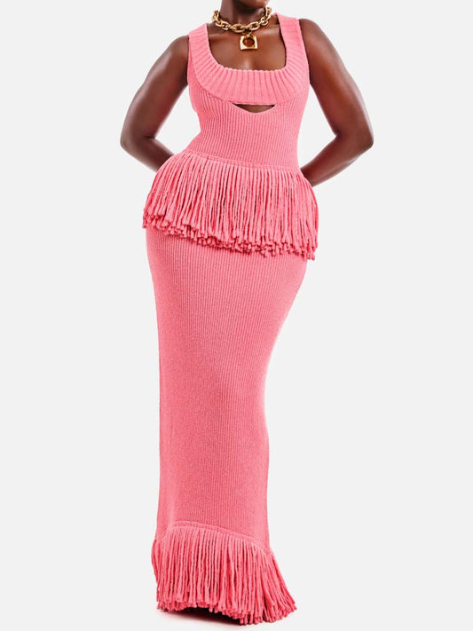 Knitted Fringed Cutout Two Pieces Dress