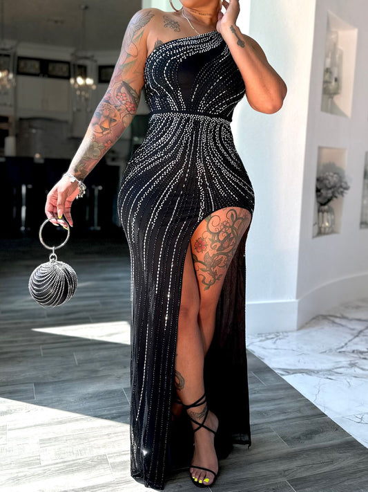 Rhinestones One Shoulder Stretch Party Dress