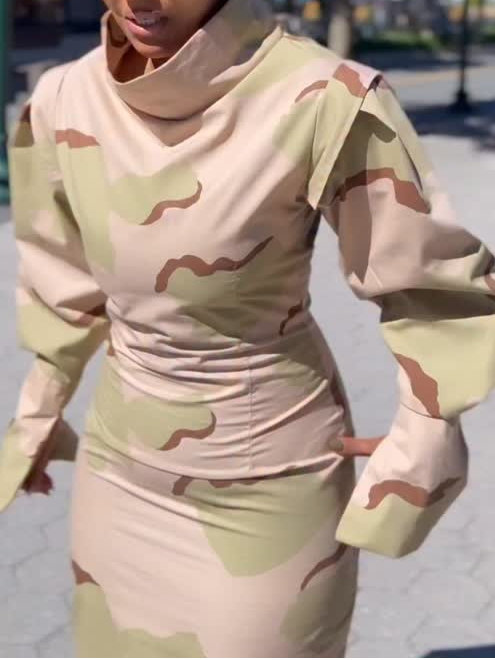 High Mock-neck Camouflage Maxi Dress