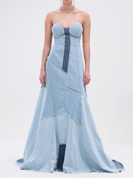 Strapless Patchwork Denim Maxi Dress