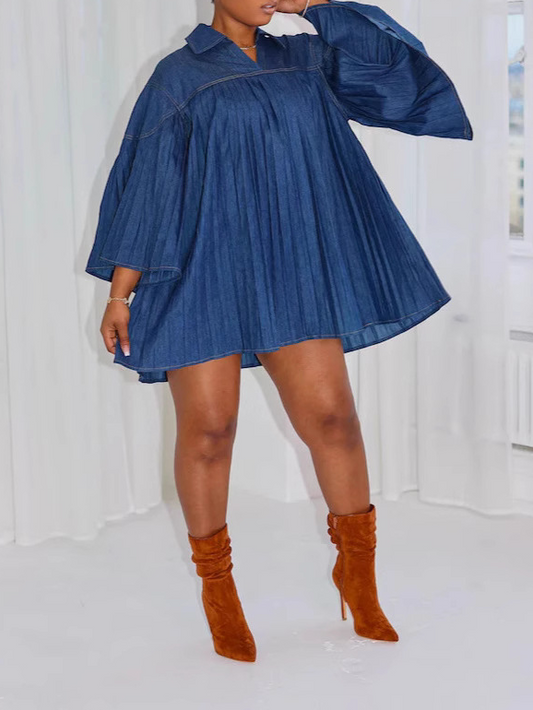 Loose-Fit Denim Pleated Patchwork Dress
