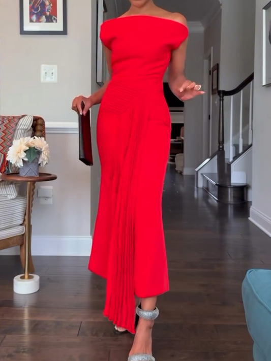 Off The Shoulder Asymmetric Pleated Dress