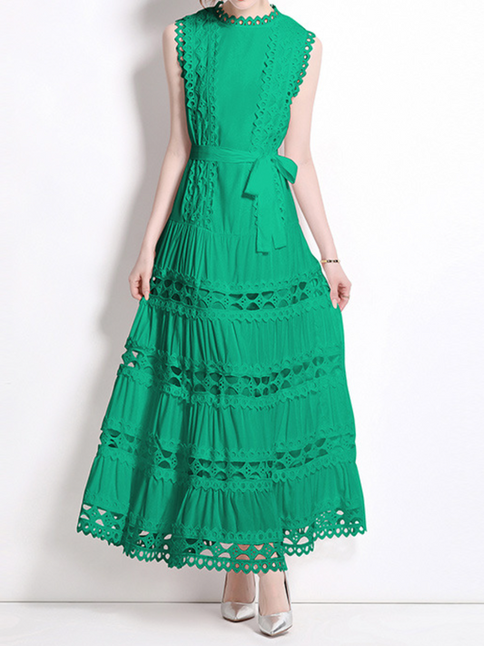 Round Neck Sleeveless Lace Cutout Dress