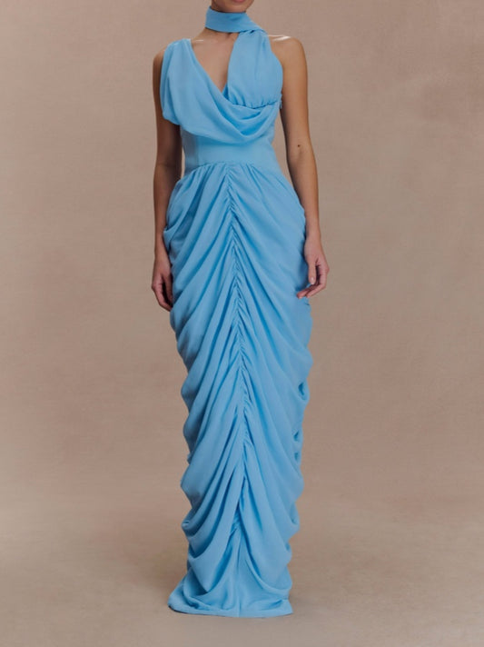 Asymmetric Neckline Pleated Chiffon Maxi Dress