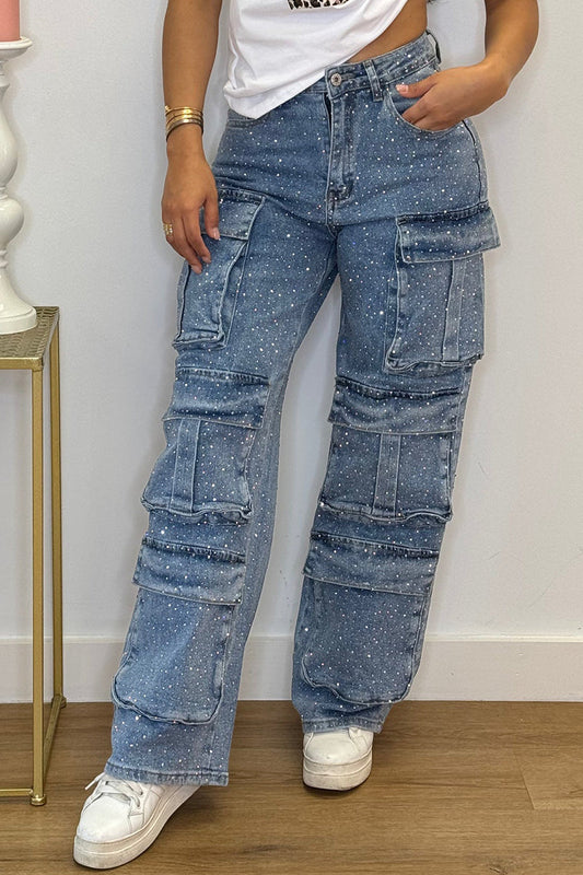 Multi-pocket Diamond-studded Cargo Jeans