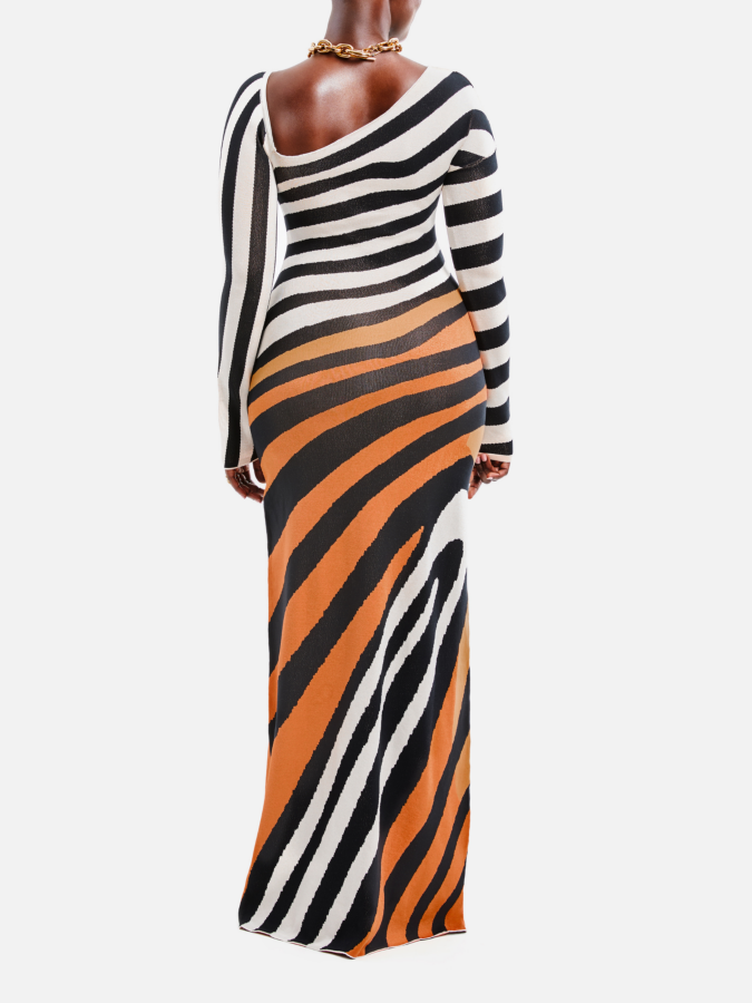 Asymmetric Striped Knitted Maxi Dress