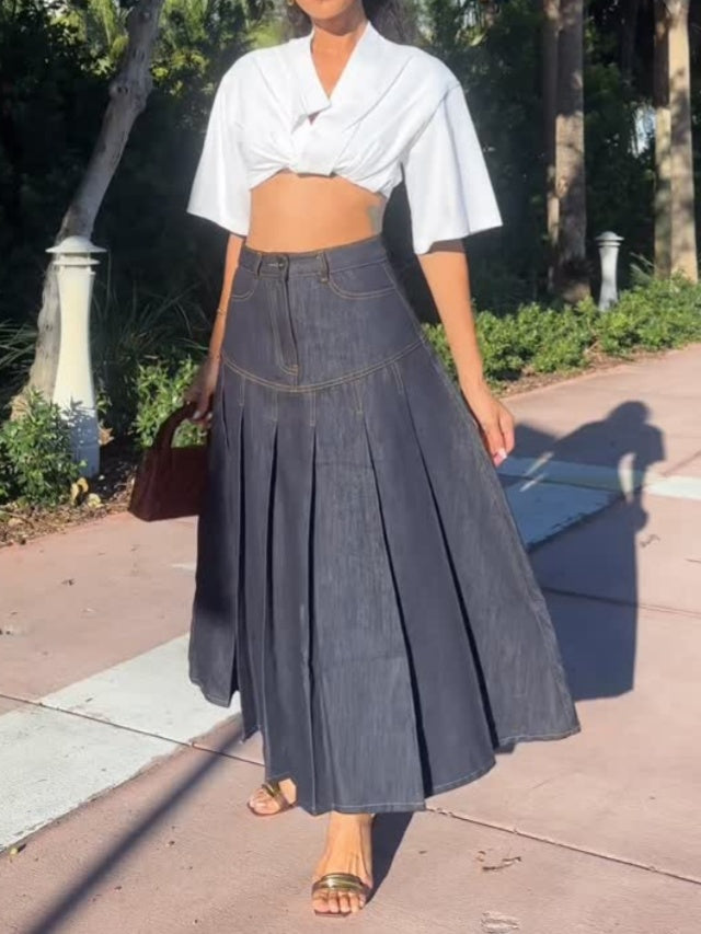 Pleated Denim Skirt