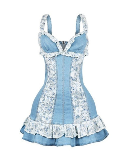 Lace Denim Mini Dress
