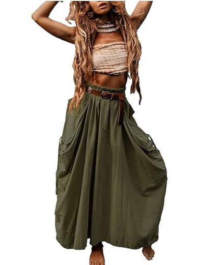 Drawstring Large Pocket Bohemian Loose Midi Skirt