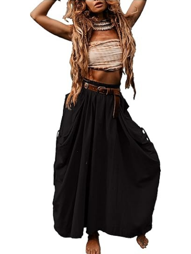Drawstring Large Pocket Bohemian Loose Midi Skirt