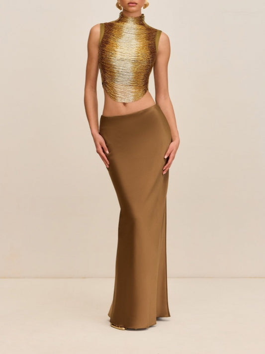 Sleeveless High-Neck Fringe Top With Silk Skirt Set