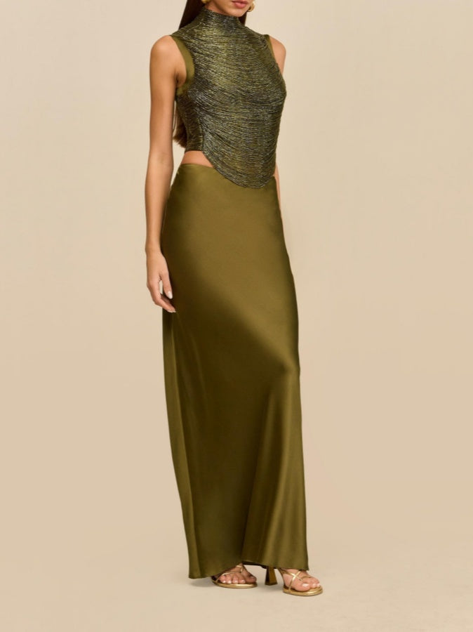 Sleeveless High-Neck Fringe Top With Silk Skirt Set