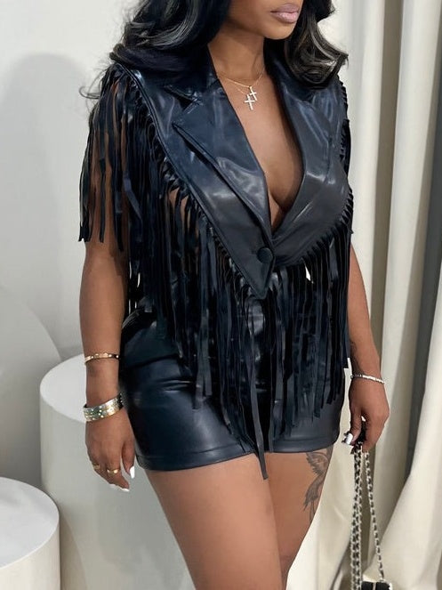 Faux Leather Fringed Vest & Shorts Set