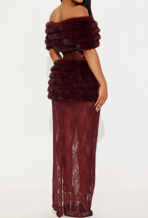 Demure Faux Fur Occasion Lace Dress