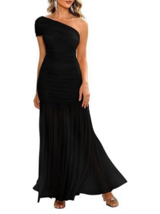 Elegant One Shoulder Sleeveless Ruched Bodycon Maxi Dress