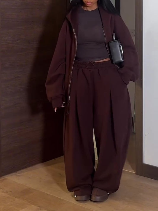 Hooded Sweatshirt Cardigan And Pants Set