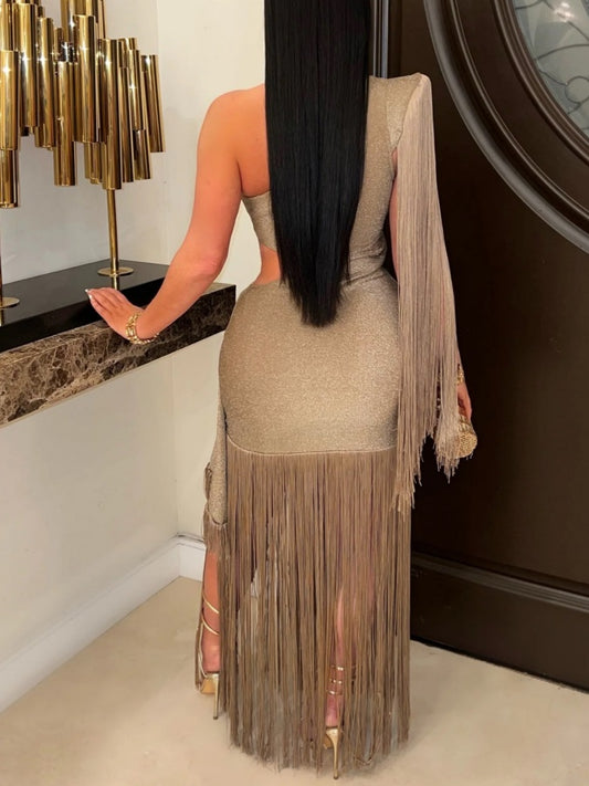 One-shoulder Asymmetrical Fringe Maxi Dress