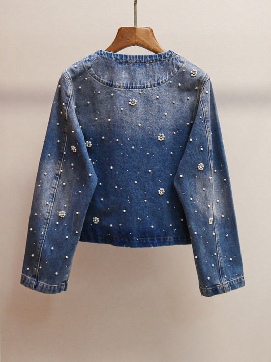 Floral Beaded Cropped Denim Jacket