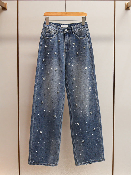 Floral Beaded Straight-Leg Jeans