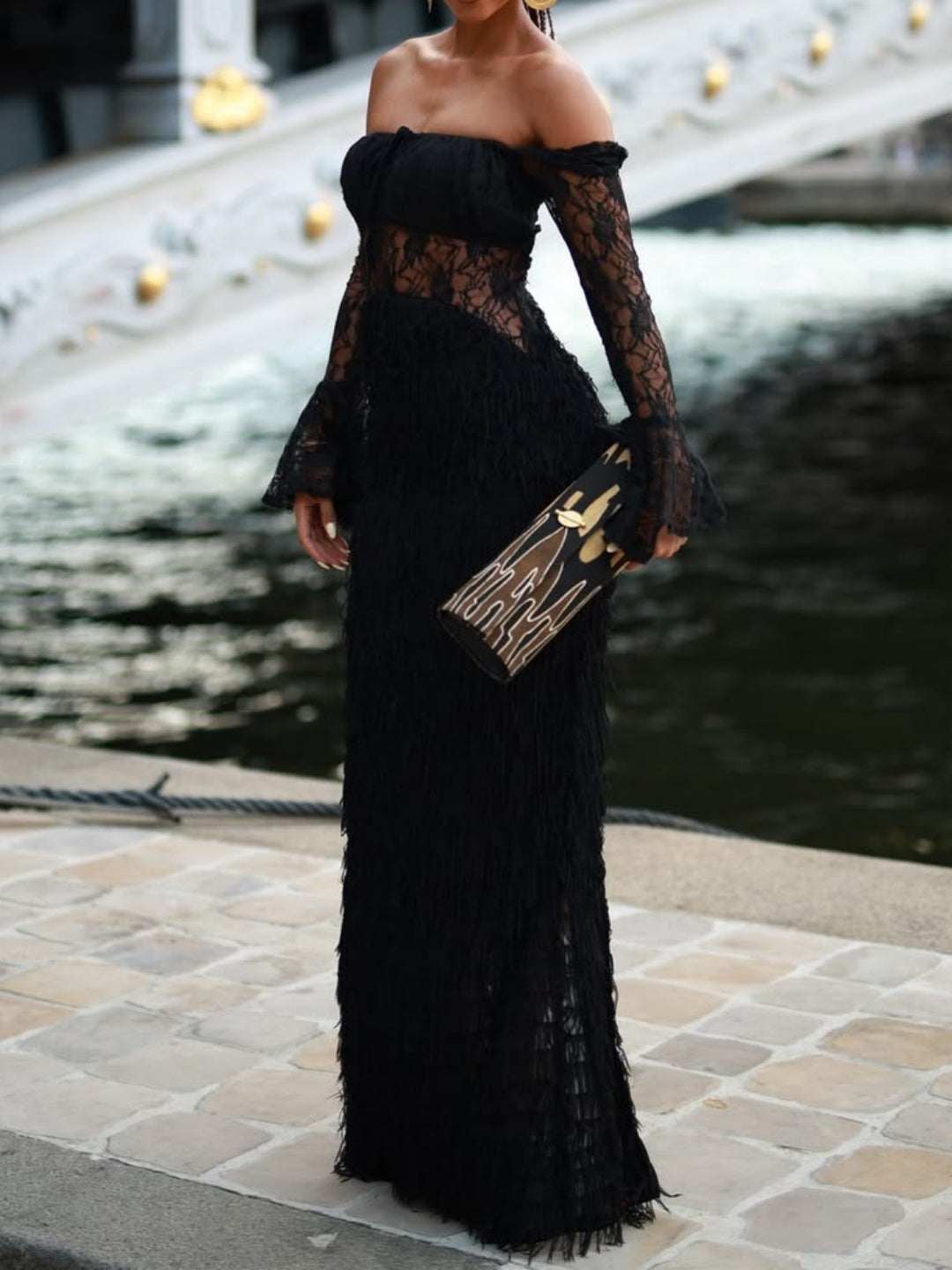 Off The Shoulder Lace Patchwork Gown Dress