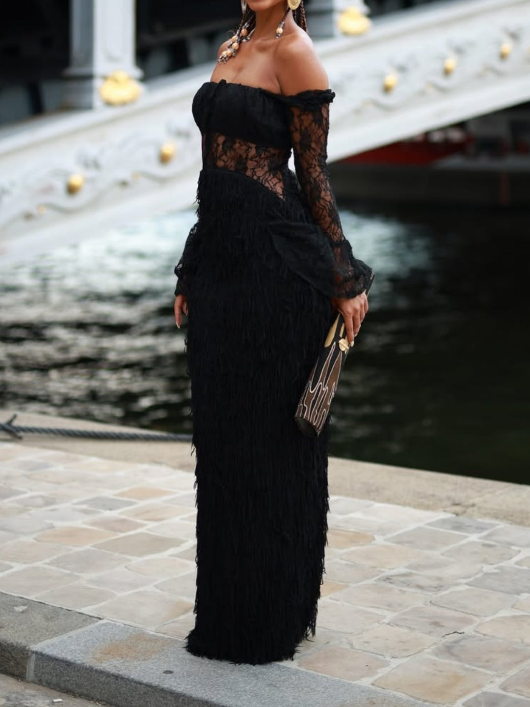 Off The Shoulder Lace Patchwork Gown Dress