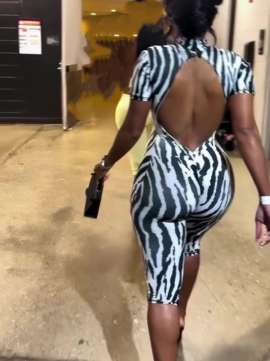 Black And White Pattern Short-sleeved Jumpsuit