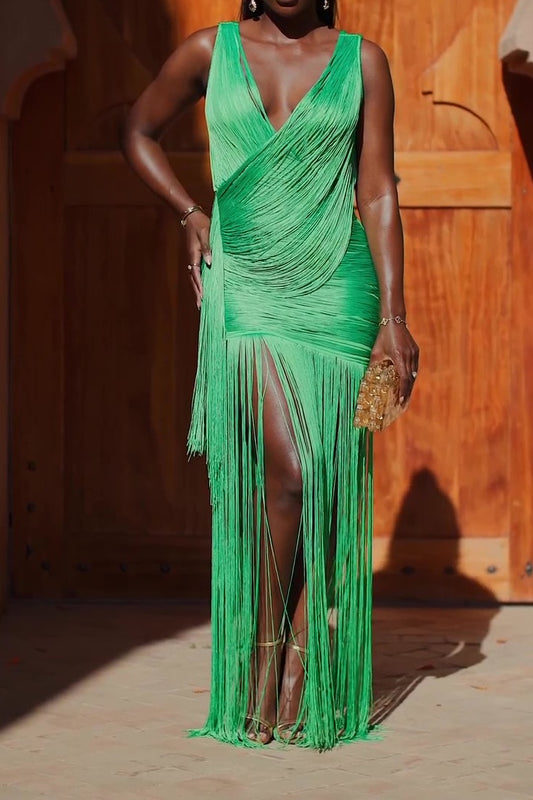 V-neck Hip-wrapped Tassel Gown Dress