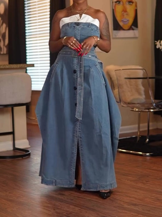 Strapless Pleated Panels Denim Dress