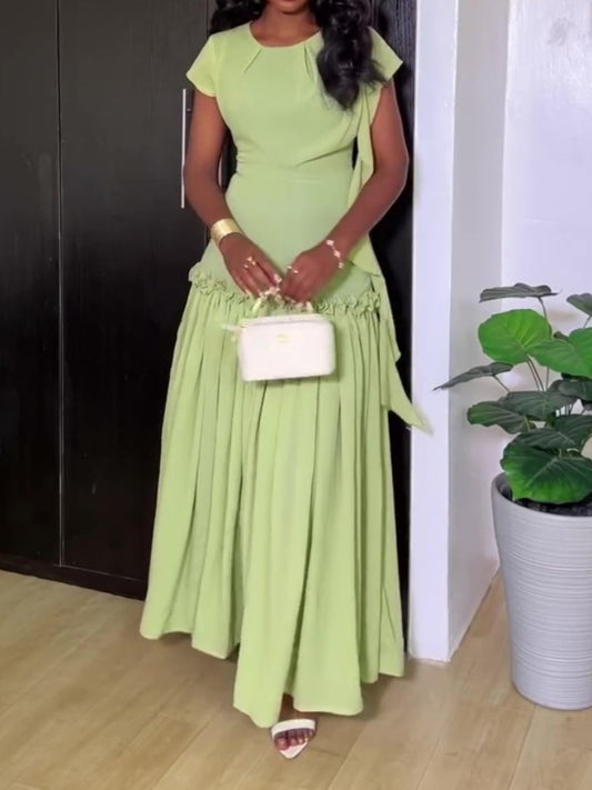 Round Neck Short Sleeve Ruffled Maxi Dress