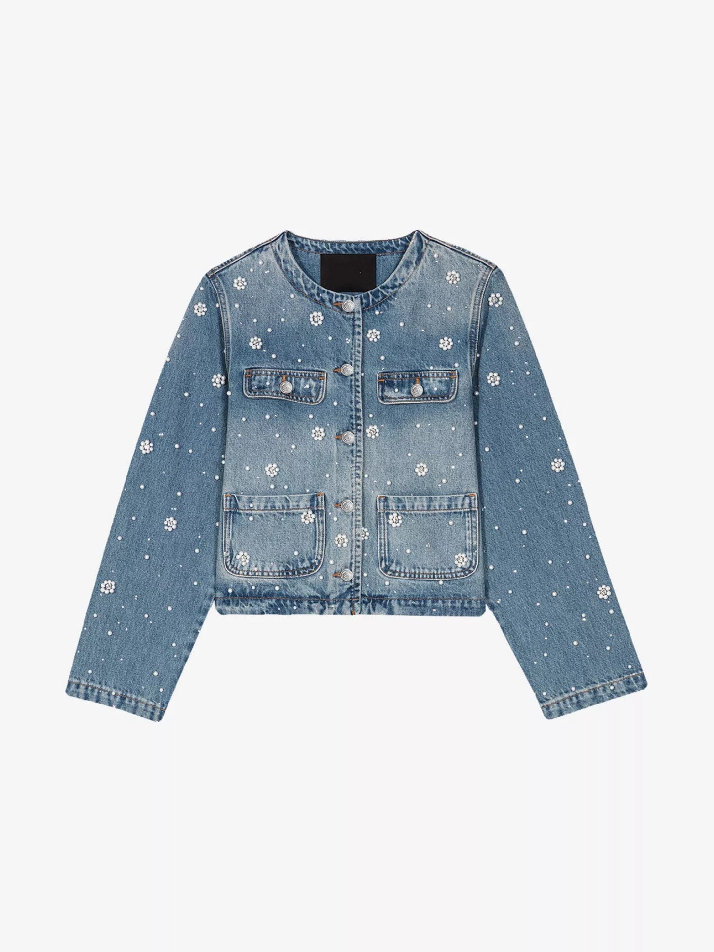 Floral Beaded Cropped Denim Jacket