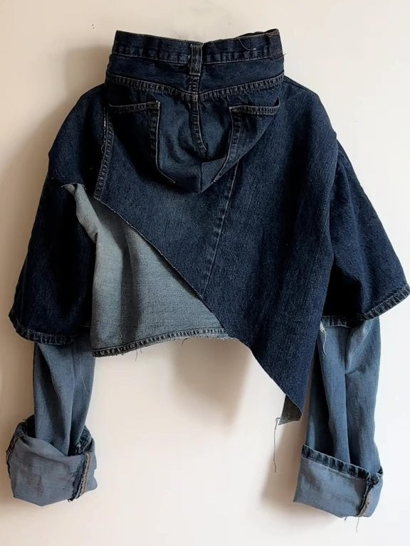 Patch Sleeves Denim Hooded Top