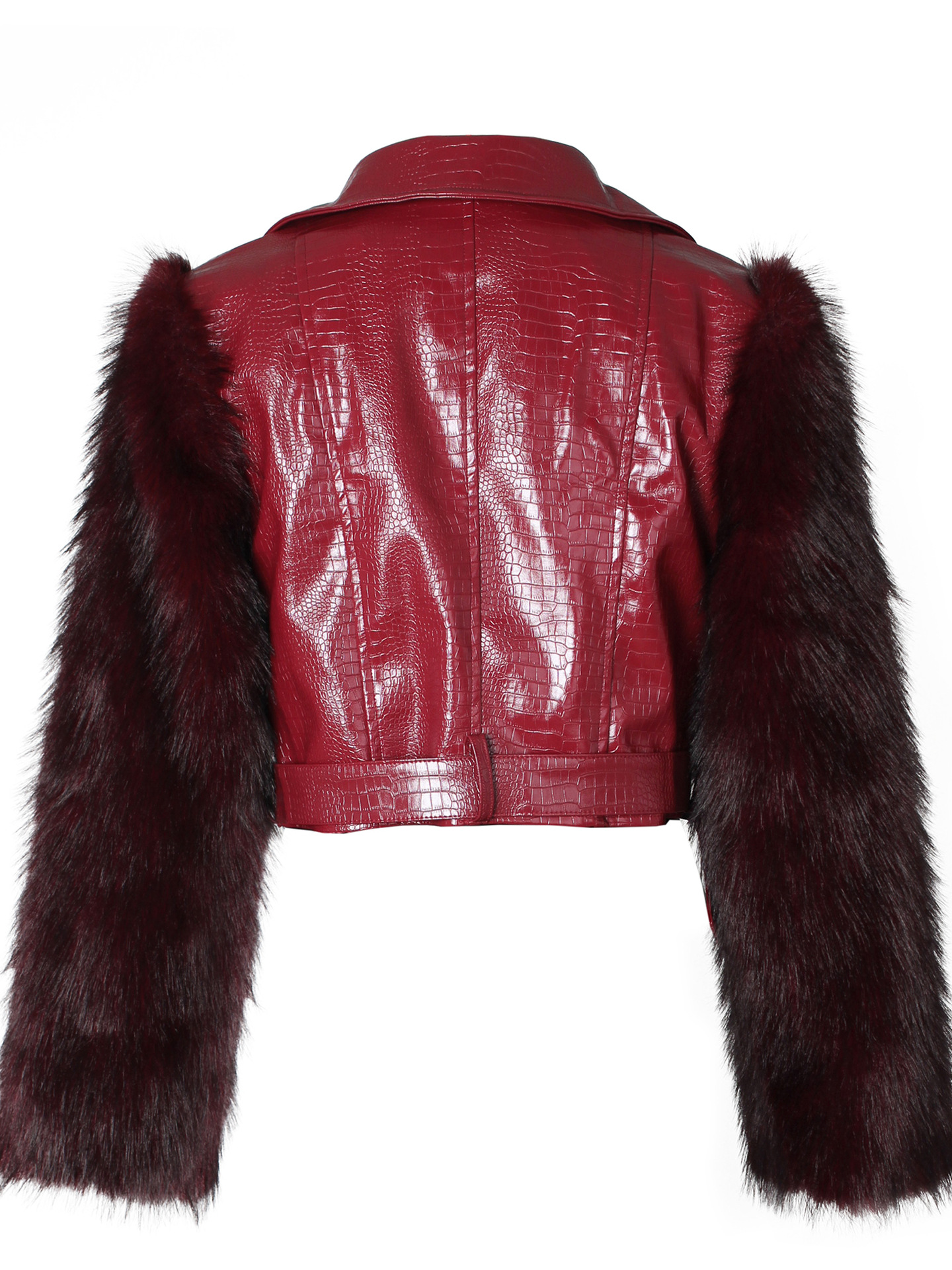 Patchwork Faux Leather Jacket With Fuzzy Sleeves