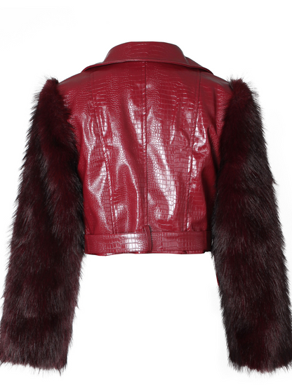 Patchwork Faux Leather Jacket With Fuzzy Sleeves