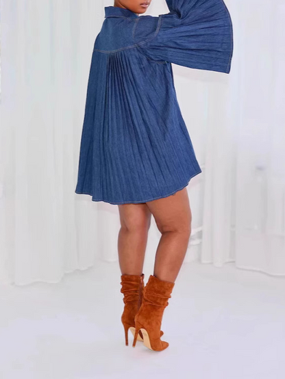 Loose-Fit Denim Pleated Patchwork Dress