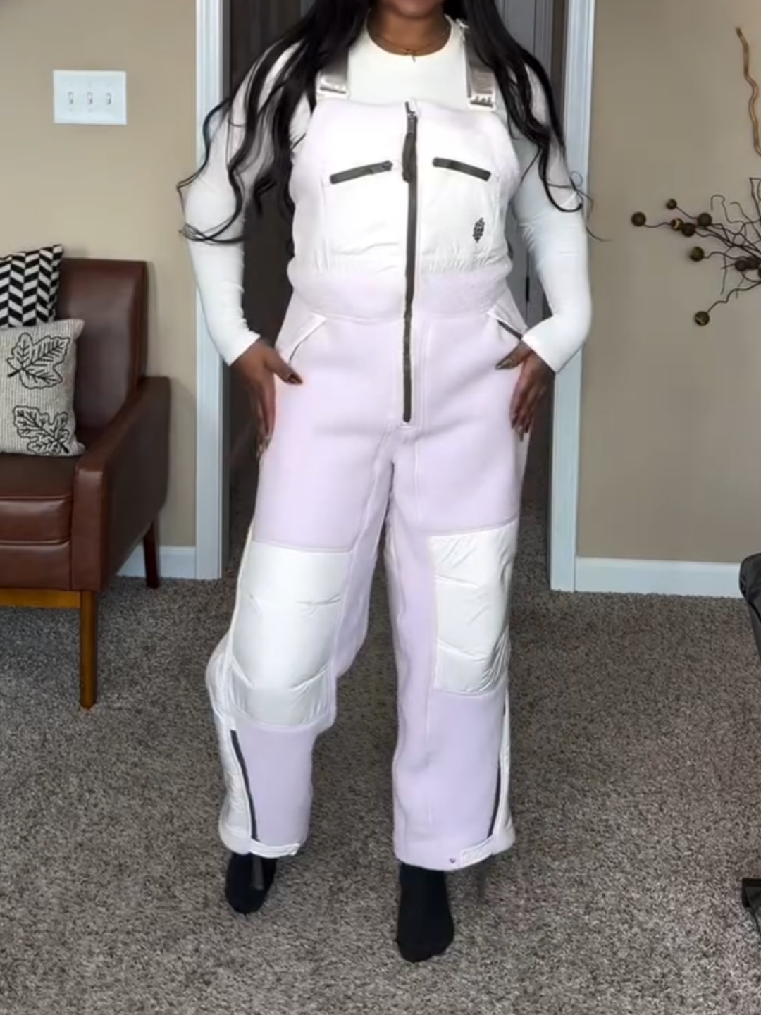 Adjustable Buckle Straps Zip Up Pockets Ski Wear Jumpsuit