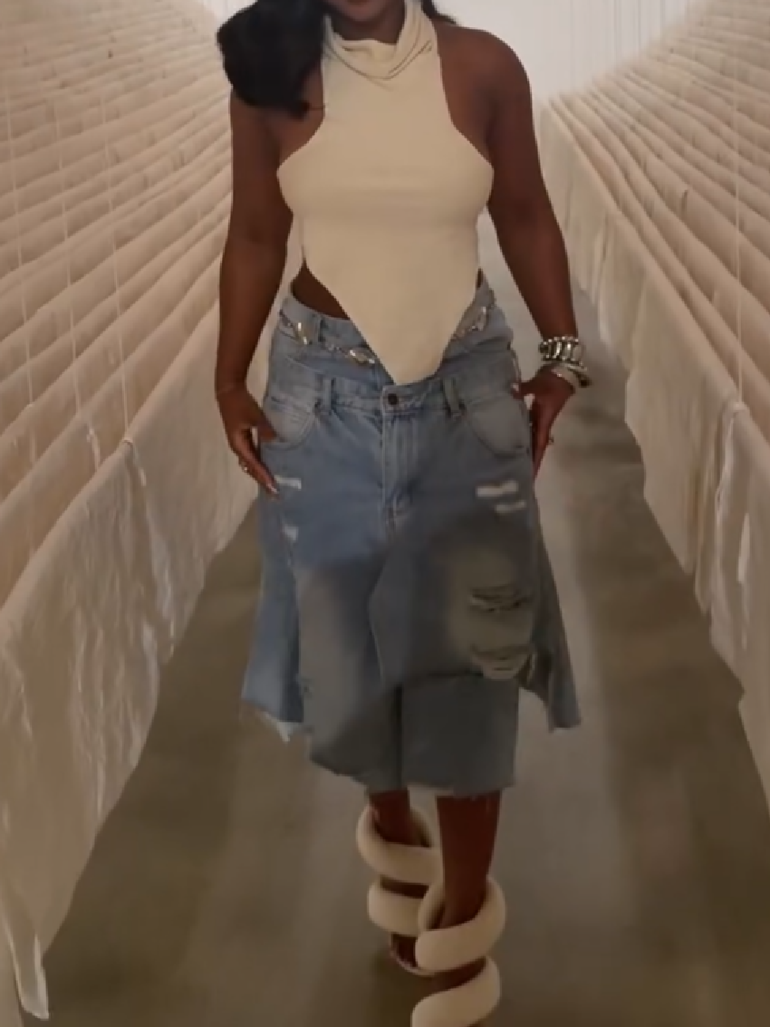 Double Waistband Distressed Wide Leg Denim Shorts