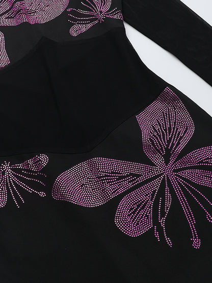 Hot Drilling See-through Feathered Cuffs Dress