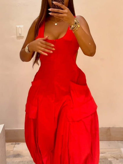 Scoop Neck Pockets Bubble-hem Midi Dress