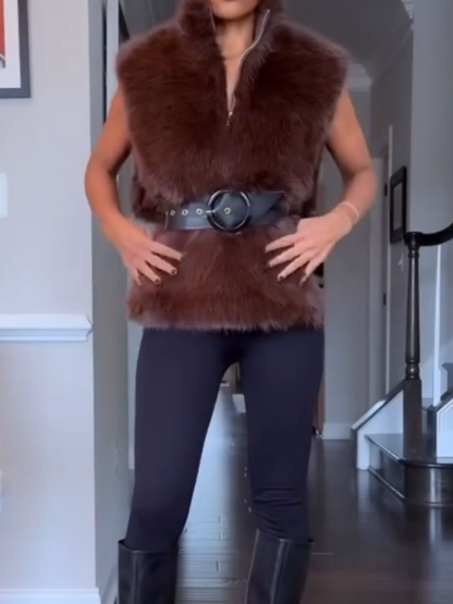 Sleeveless Plush Turtleneck Pullover Top