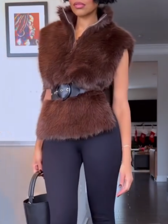 Sleeveless Plush Turtleneck Pullover Top